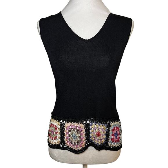 Vintage Petite Crochet Tank Top Vest Black Small Festival Cottage Boho Hippie - Picture 1 of 7